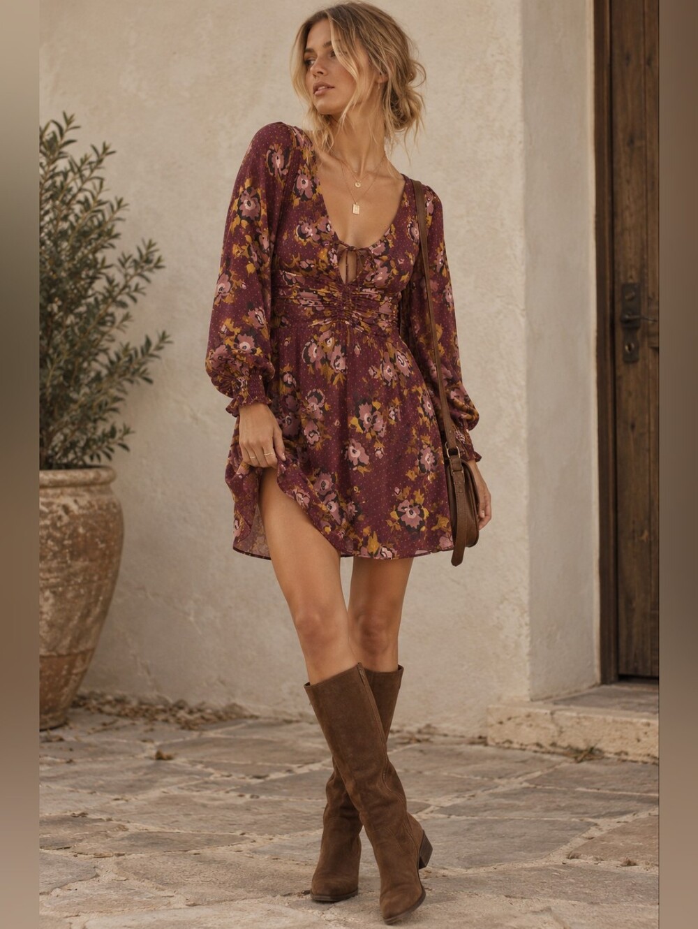 Free People Morning Light Ruched Satin Mini Dress Burgundy Floral Size 6